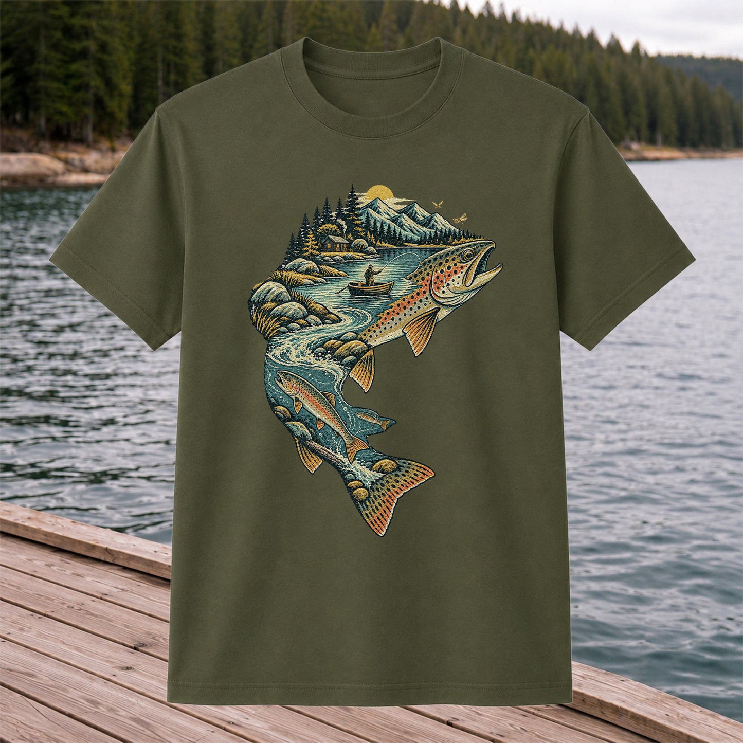 Vintage Brown Trout Mountain River Fly Fishing Graphic T-Shirt