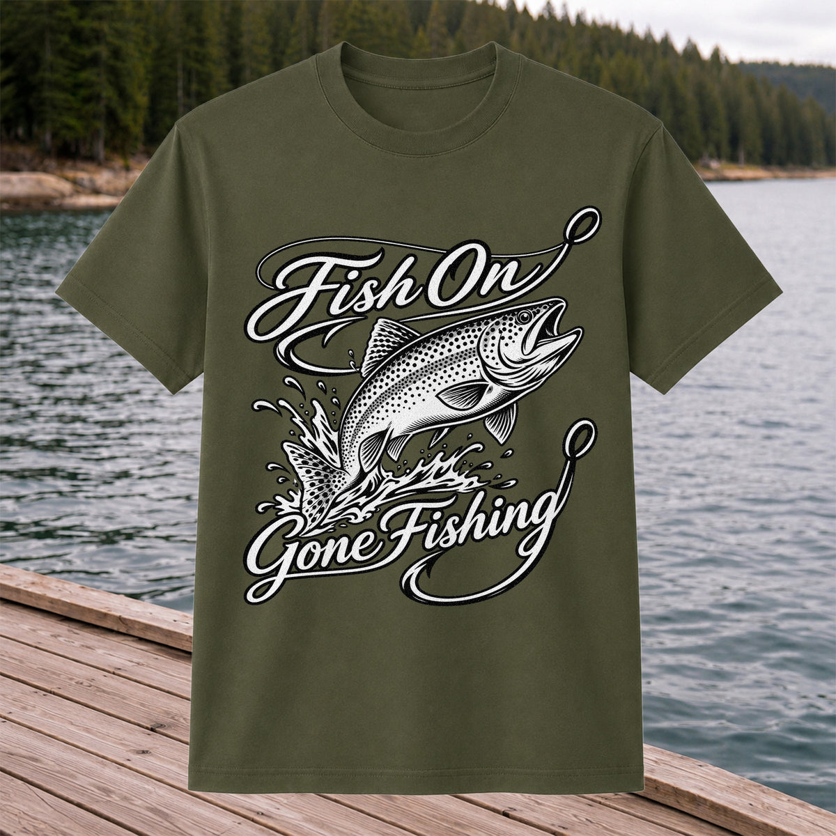 Fish On Gone Fishing Jumping Trout Graphic T-Shirt