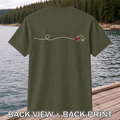 Festive Fly Fishing Lure and Line Graphic T-Shirt | Back Print