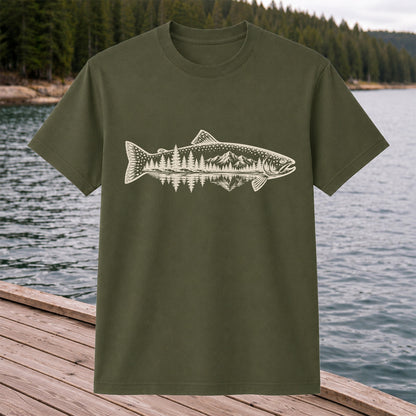 Trout Mountain Forest Reflection Fishing Graphic T-Shirt