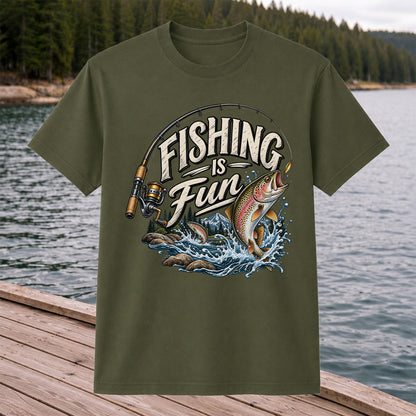 Fishing Is Fun Rainbow Trout and Mountain Graphic T-Shirt