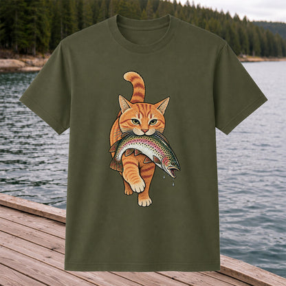 Cat Holding Trout Funny Fishing Graphic T-Shirt