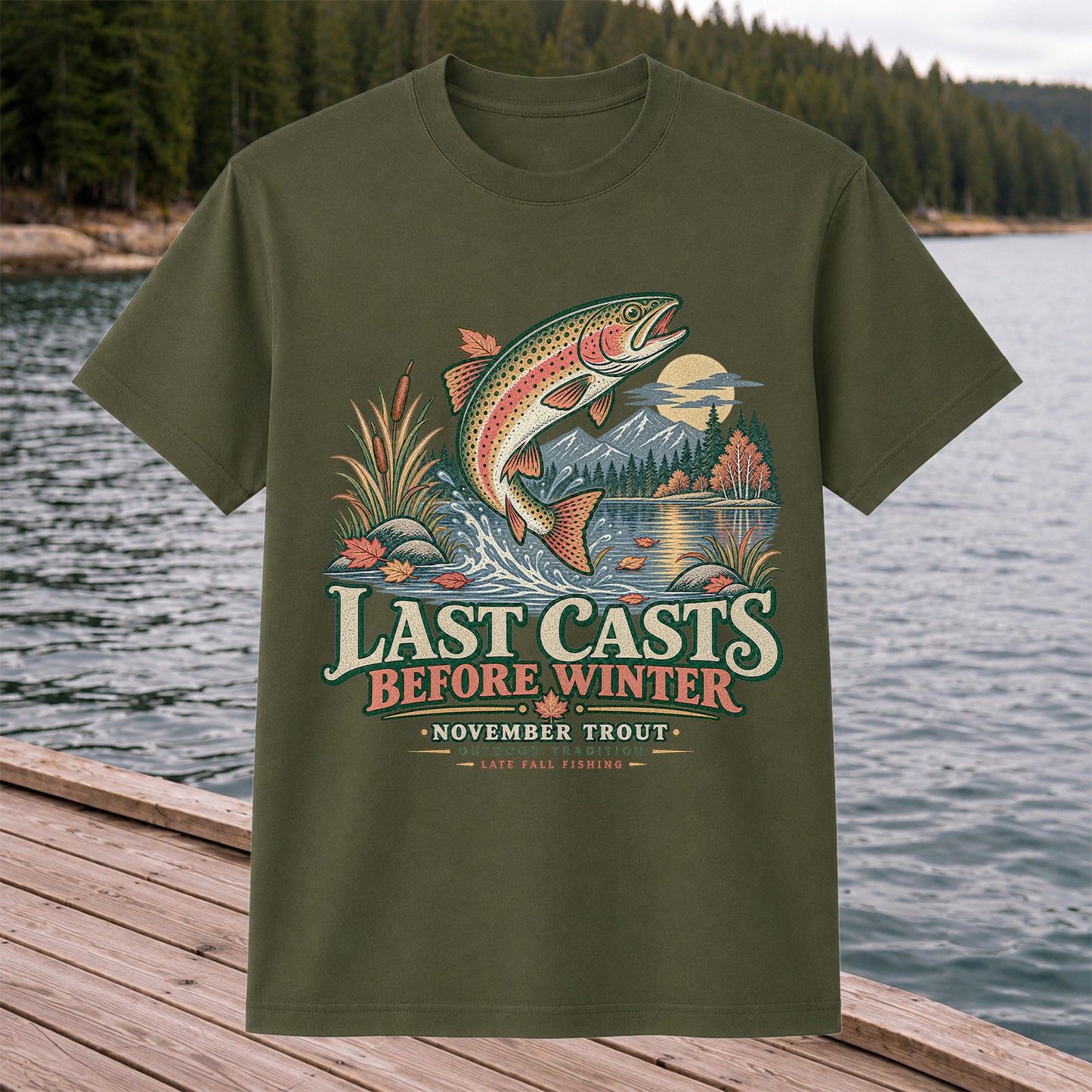 Last Casts Before Winter November Rainbow Trout Fishing Graphic T-Shirt