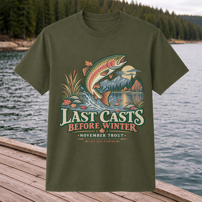 Last Casts Before Winter November Rainbow Trout Fishing Graphic T-Shirt