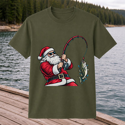 Santa Claus Catching a Bass Christmas Fishing Graphic T-Shirt