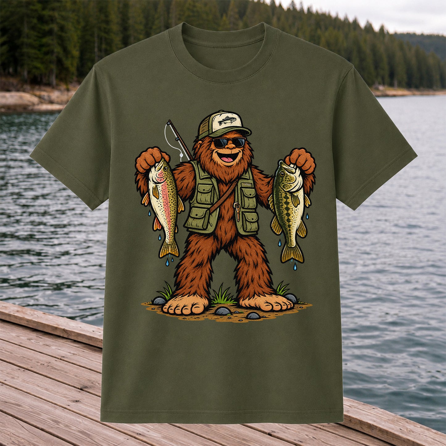 Bigfoot Holding Rainbow Trout and Bass Fishing Graphic T-Shirt