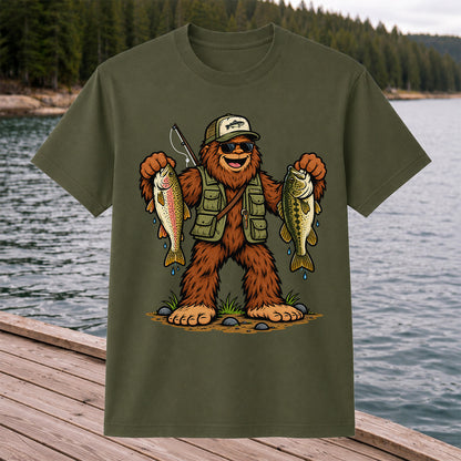 Bigfoot Holding Rainbow Trout and Bass Fishing Graphic T-Shirt