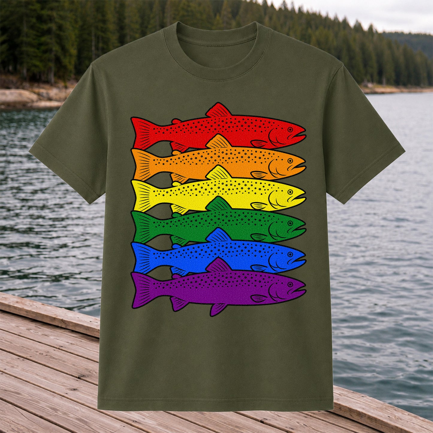 Rainbow Colored Trout Stack Fishing Graphic T-Shirt