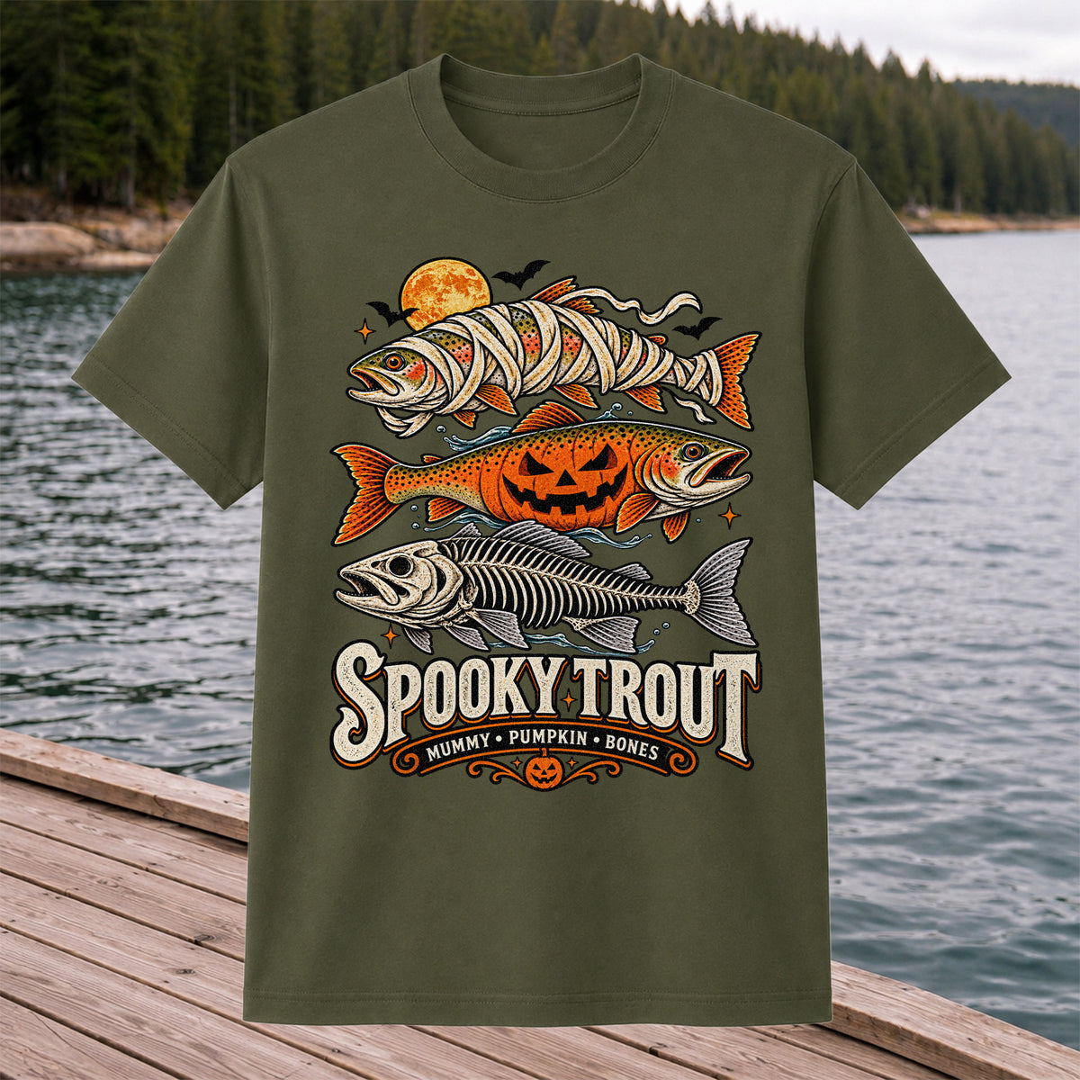 Spooky Trout Mummy Pumpkin Bones Halloween Fishing T-Shirt