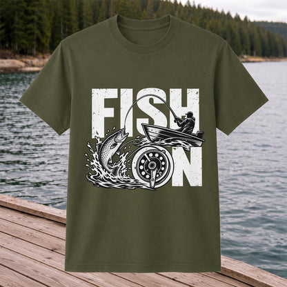 Fish On Jumping Trout and Fishing Boat Graphic T-Shirt