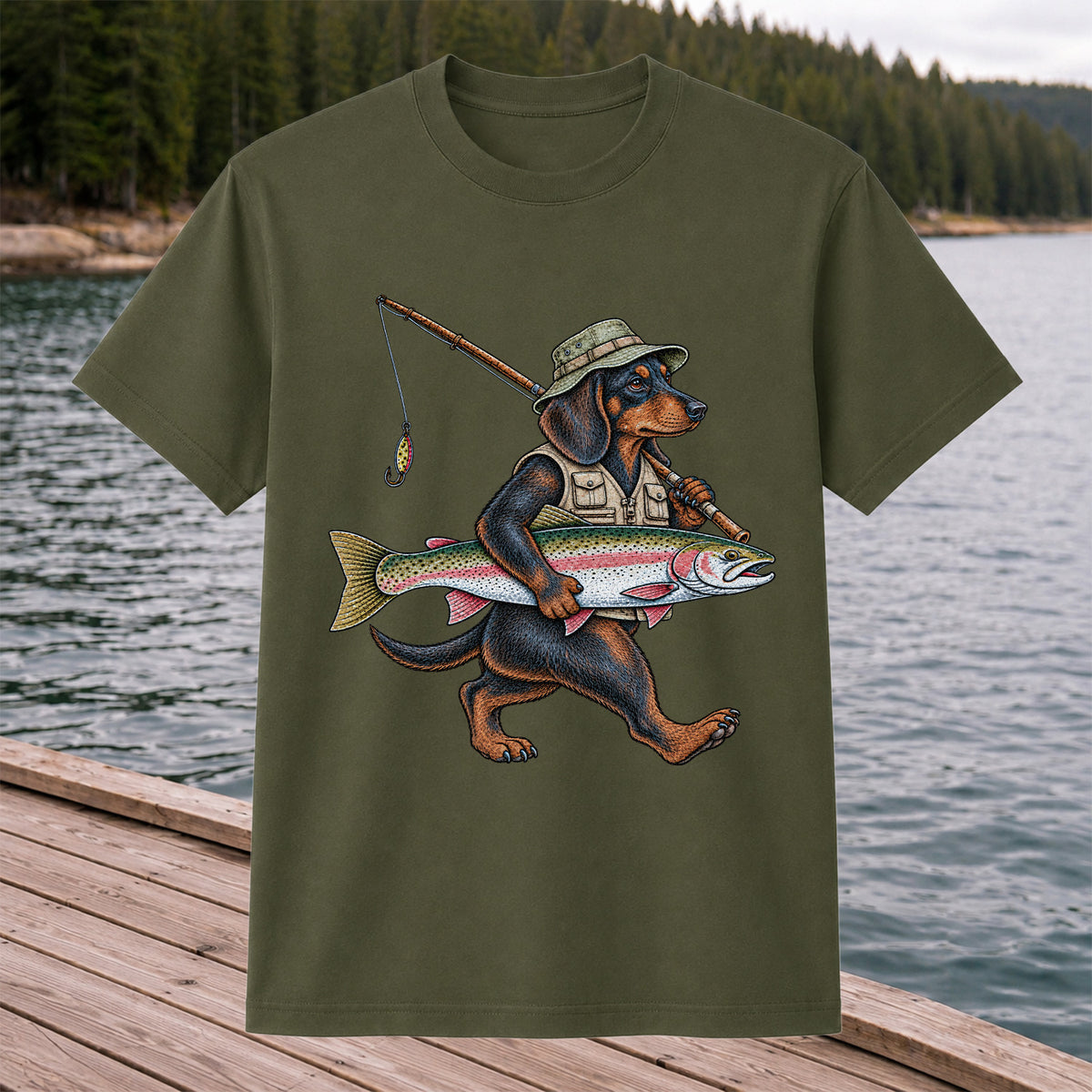 Dachshund Angler Carrying Rainbow Trout and Fishing Rod Graphic T-Shirt