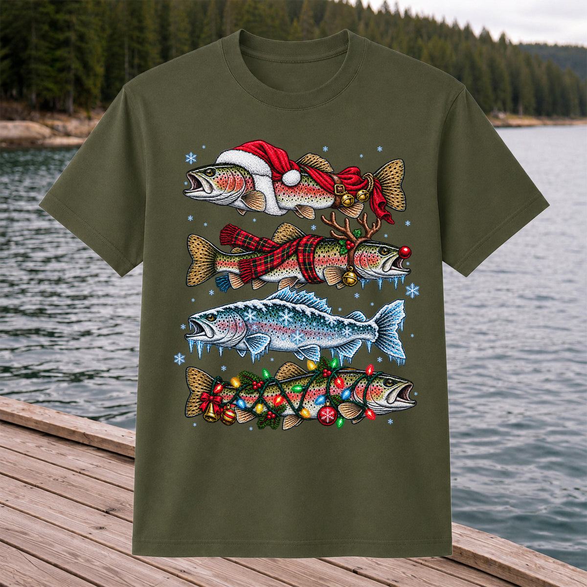 Christmas Rainbow Trout Holiday Fishing Graphic T-Shirt