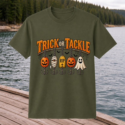 Trick or Tackle Pumpkin Ghost and Mummy Fishing Lures Halloween T-Shirt