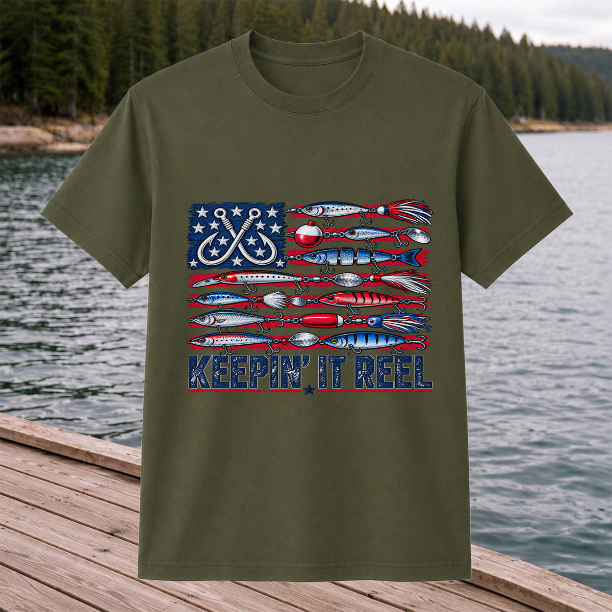 Keepin' It Reel American Flag Fishing Lures Graphic T-Shirt