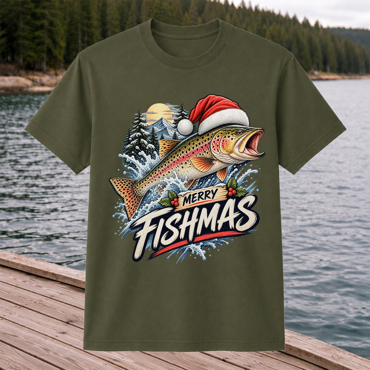 Merry Fishmas Santa Hat Rainbow Trout Fishing Graphic T-Shirt