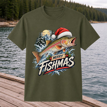 Merry Fishmas Santa Hat Rainbow Trout Fishing Graphic T-Shirt