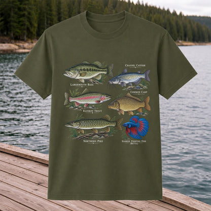 Bass Trout Catfish Carp Pike and Betta Freshwater Fish Graphic T-Shirt