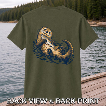 Cute Otter Holding Fish Hand Drawn Fishing Graphic T-Shirt | Back Print