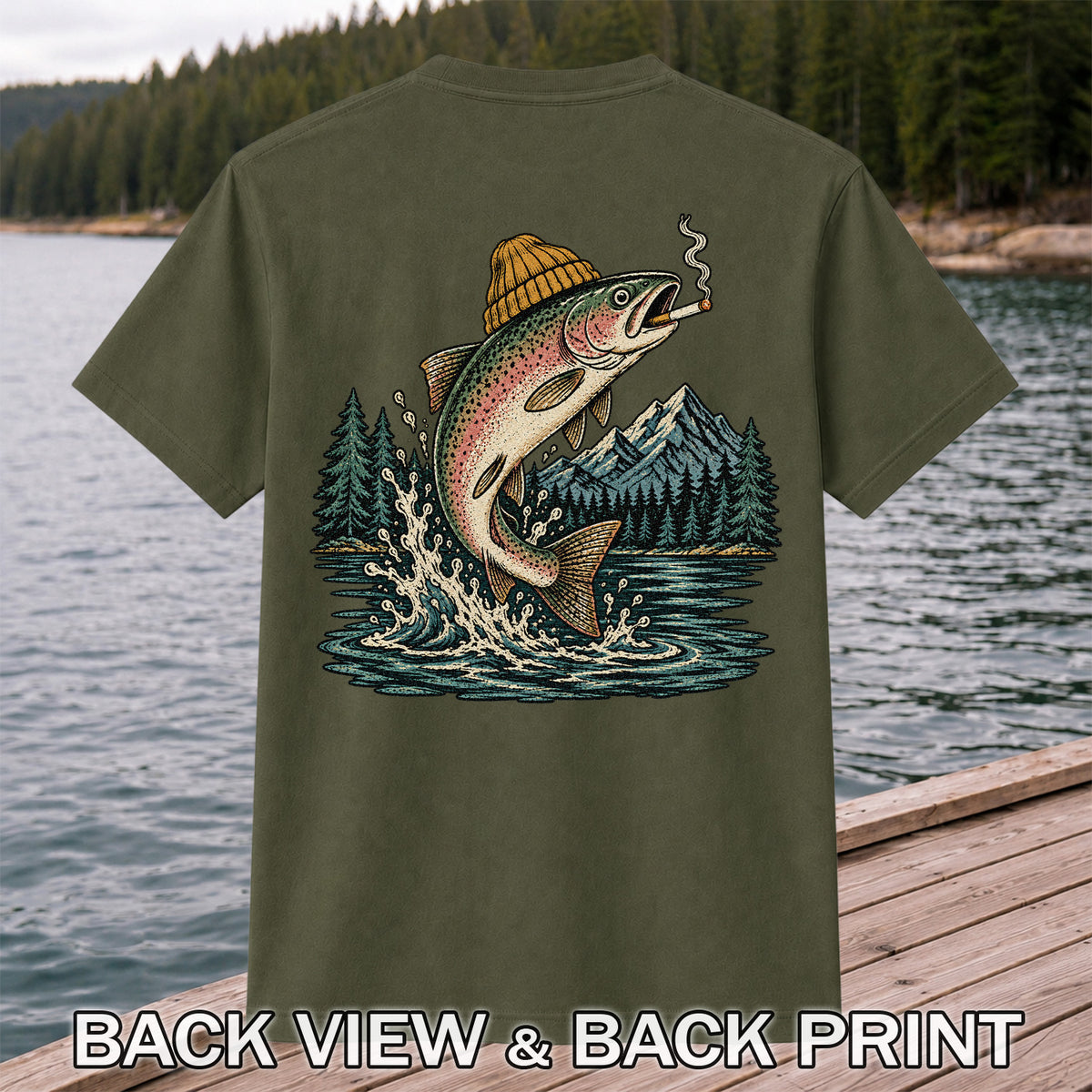Beanie-Wearing Rainbow Trout Smoking a Cigar Mountain Fishing Graphic T-Shirt | Back Print