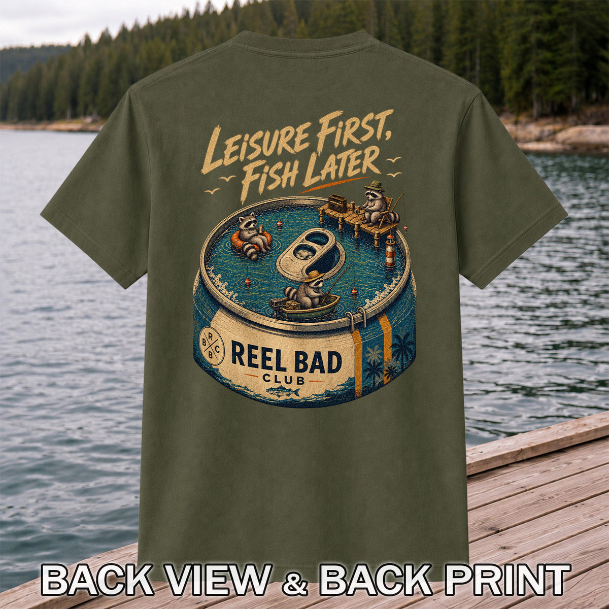 Raccoon Fishing Can Leisure Graphic T-Shirt | Back Print
