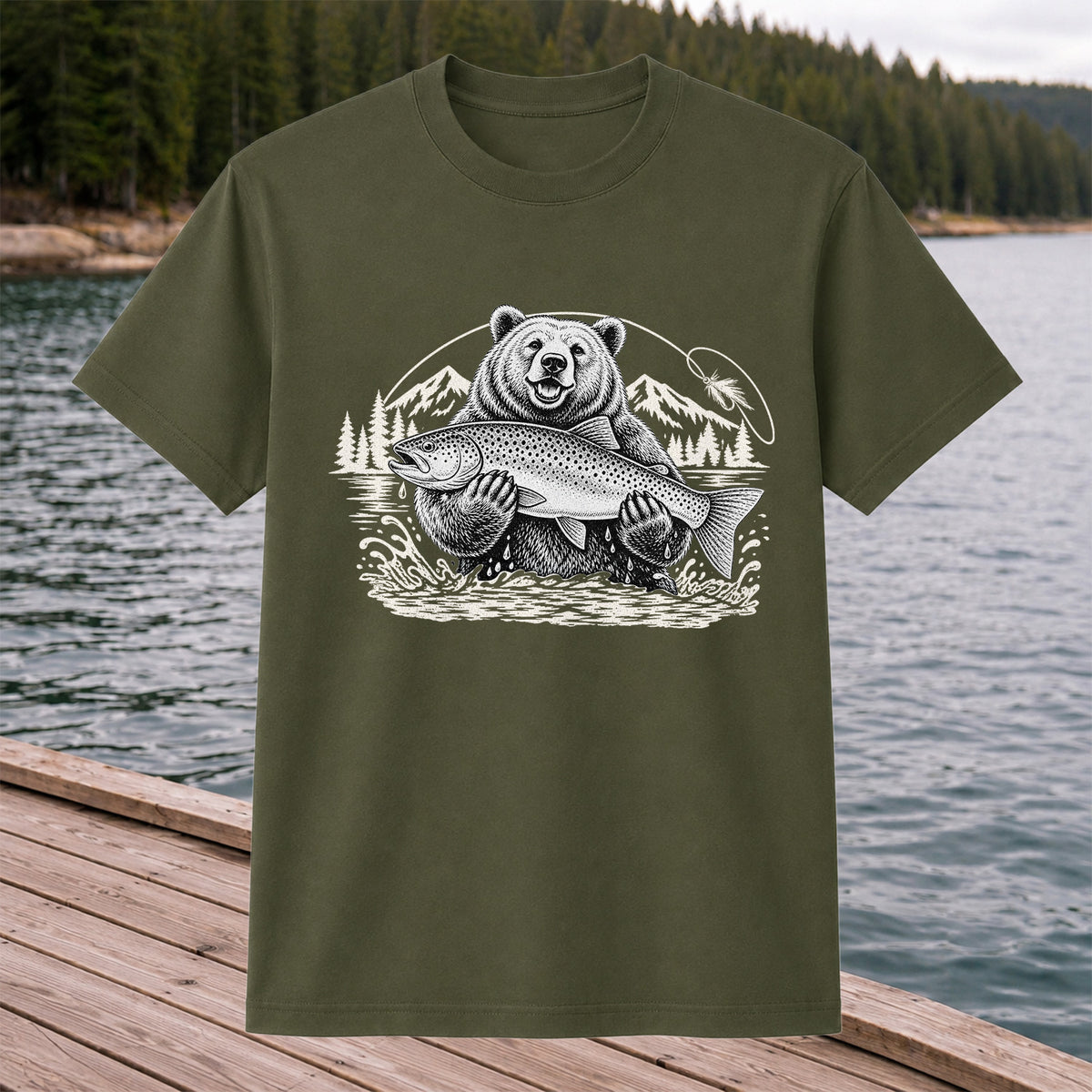 Bear Holding Trout in Mountain Lake Fishing Graphic T-Shirt
