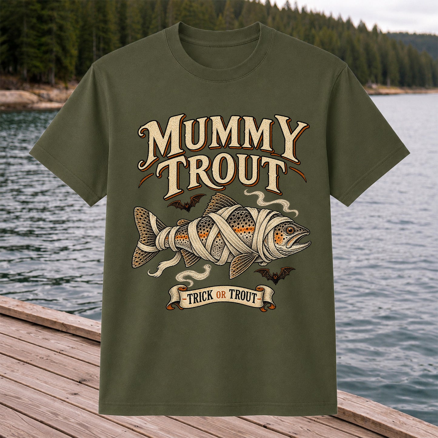 Mummy Trout Trick or Trout Halloween Fishing T-Shirt