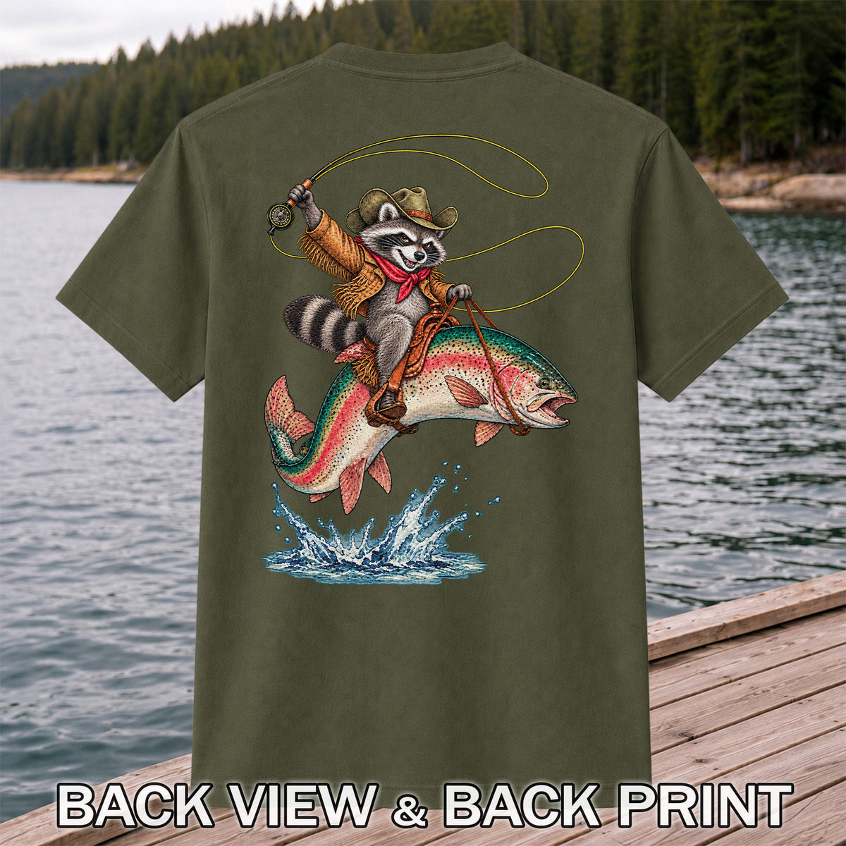 Cowboy Raccoon Riding a Rainbow Trout Fishing Graphic T-Shirt | Back Print