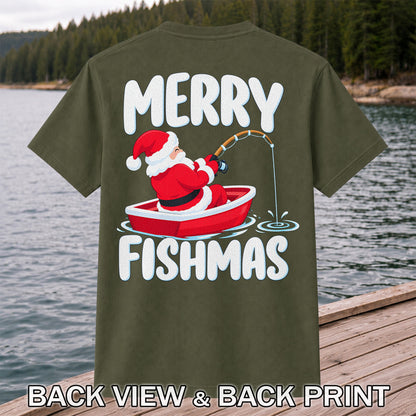 Santa Claus Boat Fishing Christmas Graphic T-Shirt | Back Print