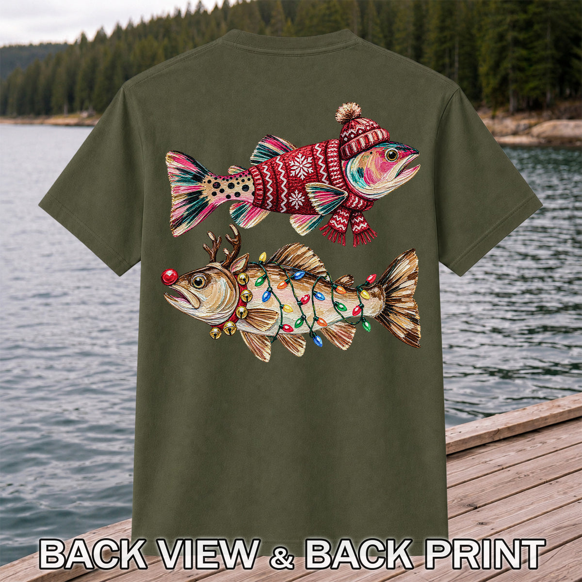 Festive Christmas Fish with Lights Fishing Graphic T-Shirt | Back Print