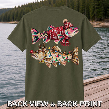Festive Christmas Fish with Lights Fishing Graphic T-Shirt | Back Print