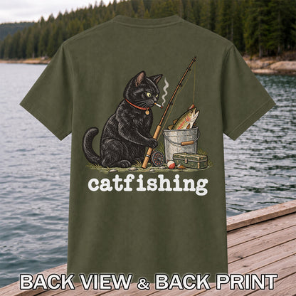 Catfishing Smoking Black Cat with Fishing Rod Funny T-Shirt | Back Print