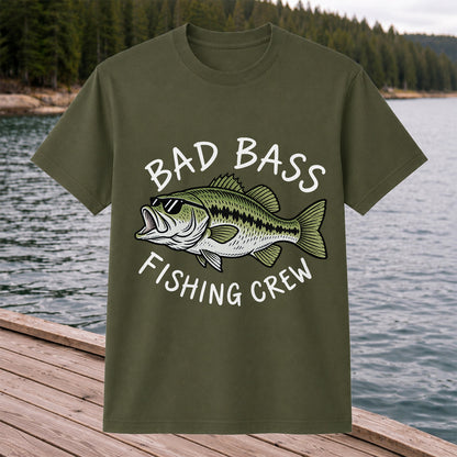 Bad Bass Fishing Crew Funny Graphic T-Shirt