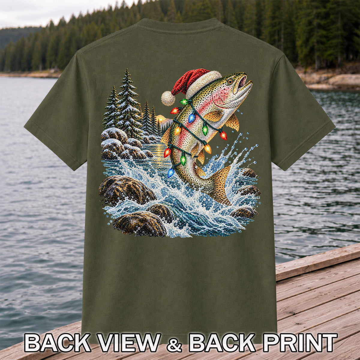 Santa Hat Rainbow Trout Christmas Fishing Graphic T-Shirt | Back Print