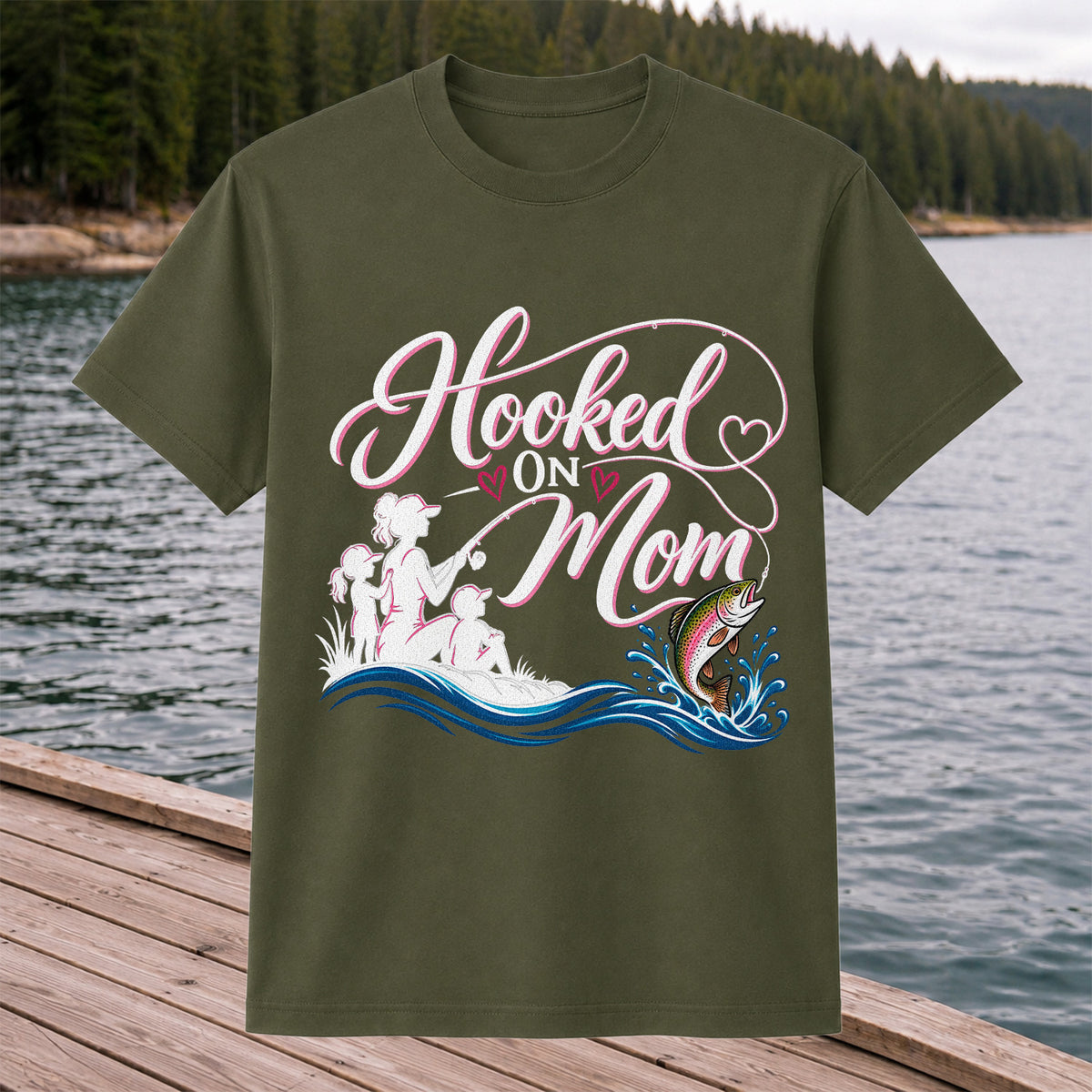 Hooked on Mom Rainbow Trout Family Fishing T-Shirt