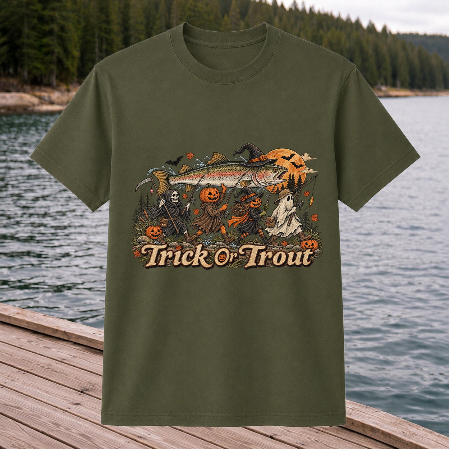 Trick or Trout Spooky Angler Parade Halloween Fishing T-Shirt