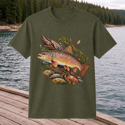 Vintage Brown Trout River Fishing Graphic T-Shirt