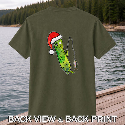 Santa Hat Cucumber Fishing for Trout Graphic T-Shirt | Back Print