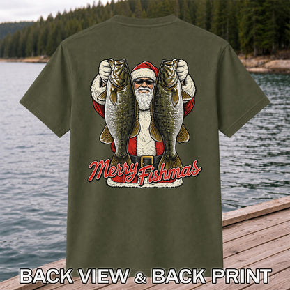 Santa Holding Bass Christmas Fishing Graphic T-Shirt | Back Print