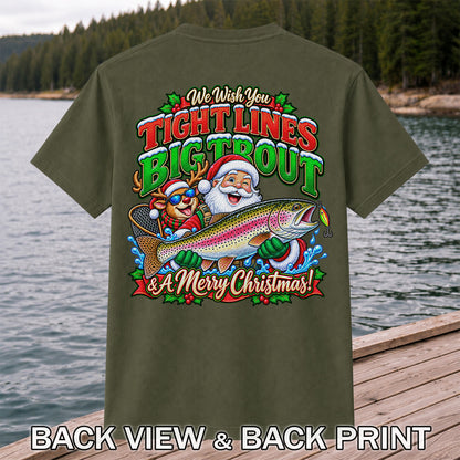 We Wish You Tight Lines Big Trout & a Merry Christmas Santa and Reindeer Fishing T-Shirt | Back Print