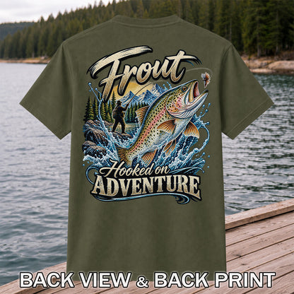 Trout Hooked on Adventure Mountain Fly Fishing T-Shirt | Back Print