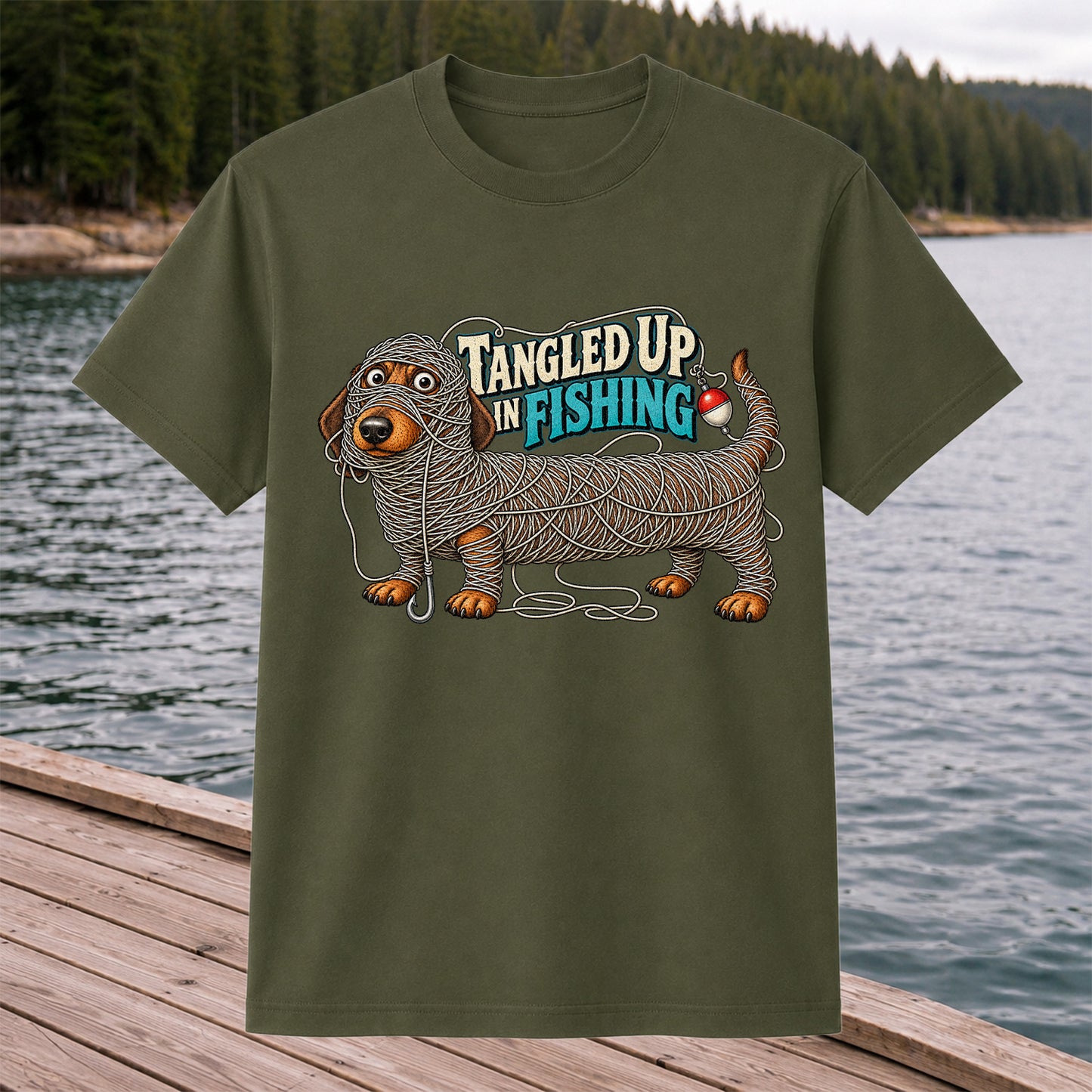 Tangled Up in Fishing Funny Dachshund Dog Graphic T-Shirt