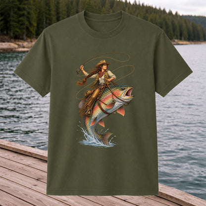 Western Cowgirl Riding a Rainbow Trout Fly Fishing Graphic T-Shirt