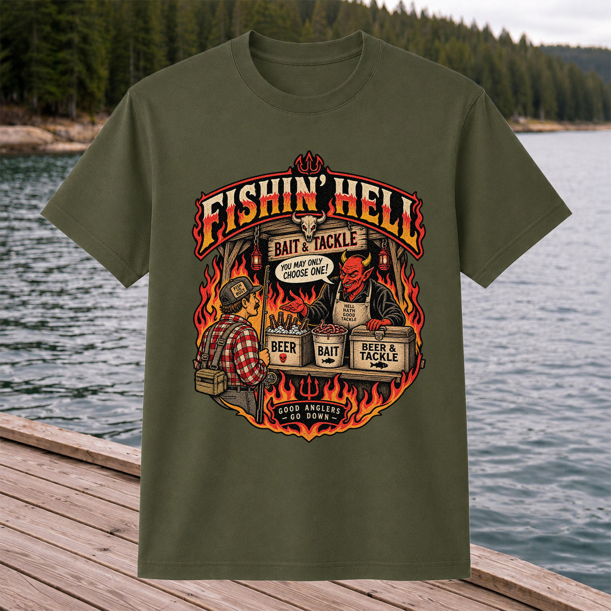 Fishin' Hell Devil Bait and Tackle Funny Fishing T-Shirt