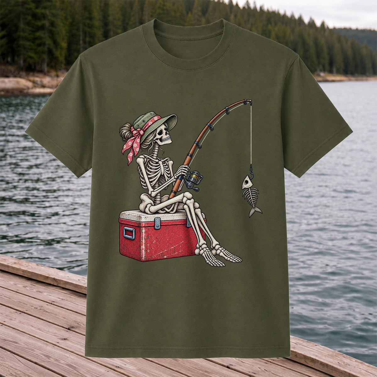 Skeleton Woman Fishing on a Cooler with Fish Bones Graphic T-Shirt