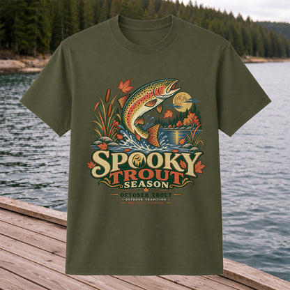 Spooky Trout Season Mid-Fall Fishing Graphic T-Shirt