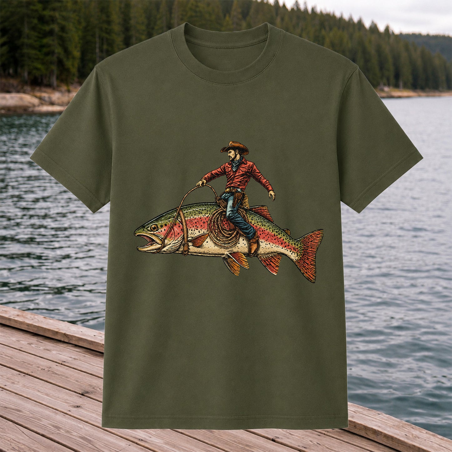Cowboy Riding Rainbow Trout T-Shirt Vintage Western Fishing Tee