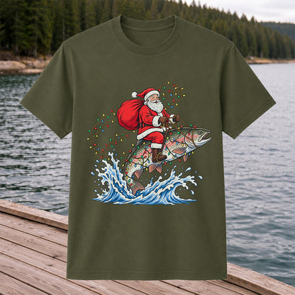 Santa Riding a Christmas-Lighted Rainbow Trout Fishing Graphic T-Shirt