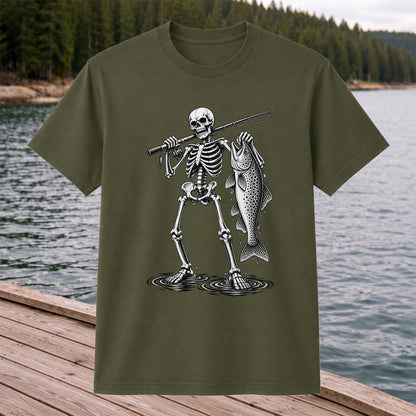 Skeleton Angler Holding a Trout Fishing Graphic T-Shirt