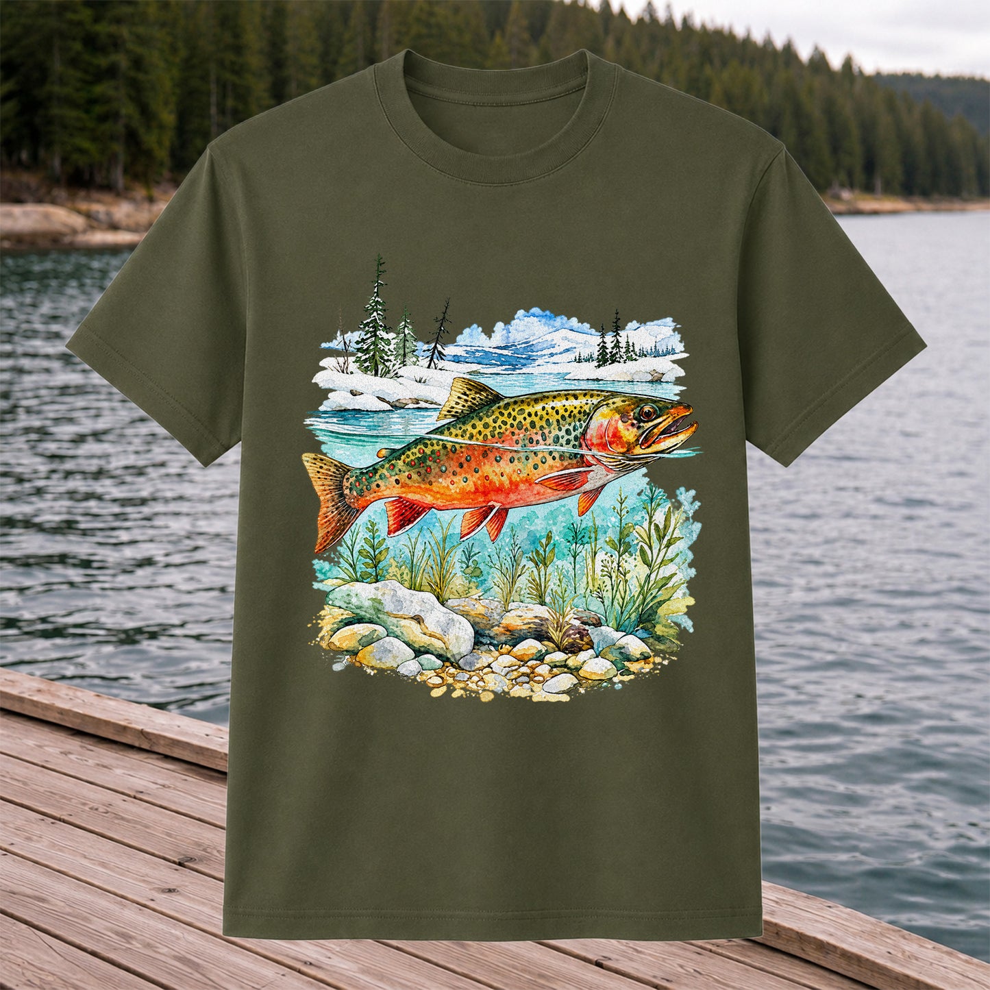 Brown Trout in Mountain River Watercolor Fishing Graphic T-Shirt