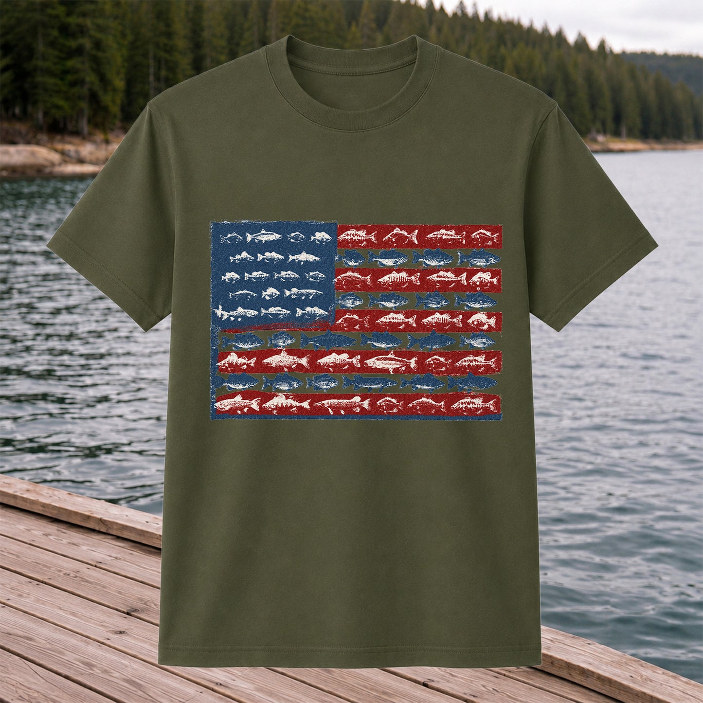 American Flag Made of Fish Patriotic Fishing Graphic T-Shirt